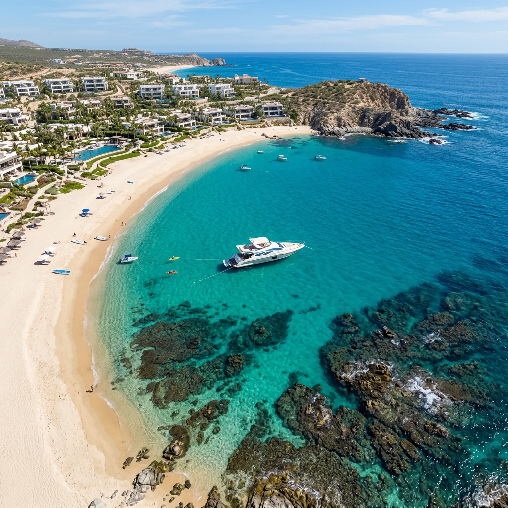Aerial view of a luxury yacht anchored in the pristine turquoise waters of Chileno Bay