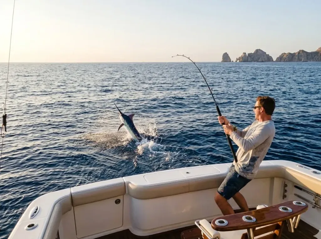 Sport fishing from a yacht off Cabo San Lucas, Baja California Sur, Mexico