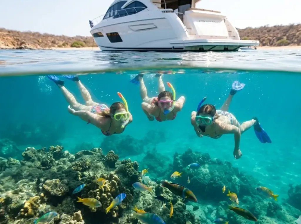 Snorkel en bahía Chileno desde yate en Cabo San Lucas