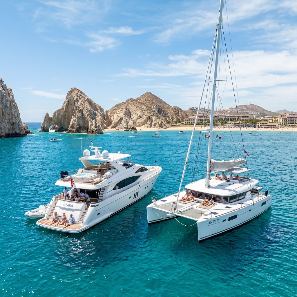 Un yate a motor y un catamarÃ¡n anclados cerca de Cabo San Lucas