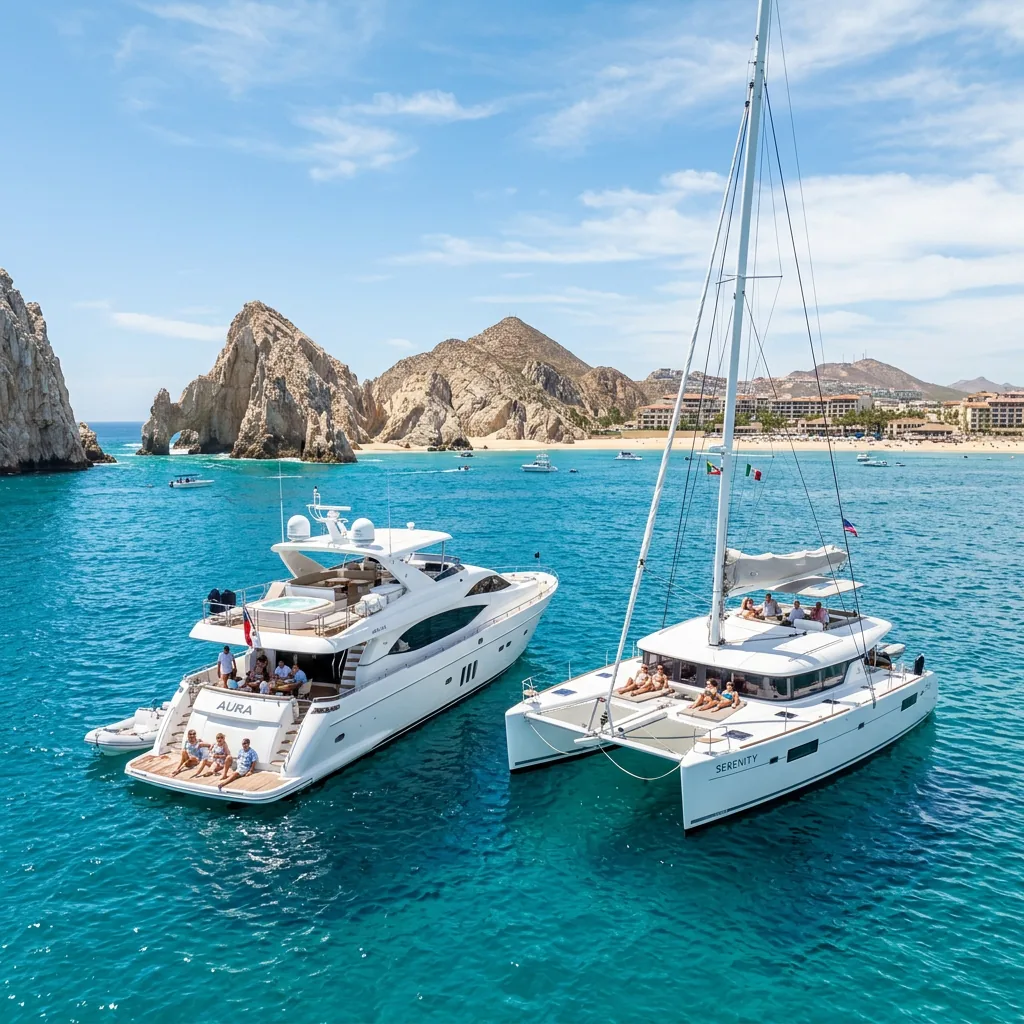 A sleek motor yacht and a wide sailing catamaran anchored near Cabo San Lucas