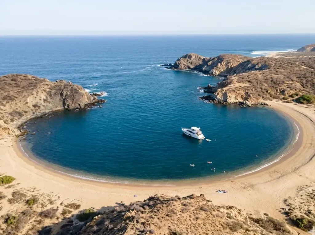 Bahía protegida de Playa Santa María en Cabo San Lucas, ideal para baño tranquilo