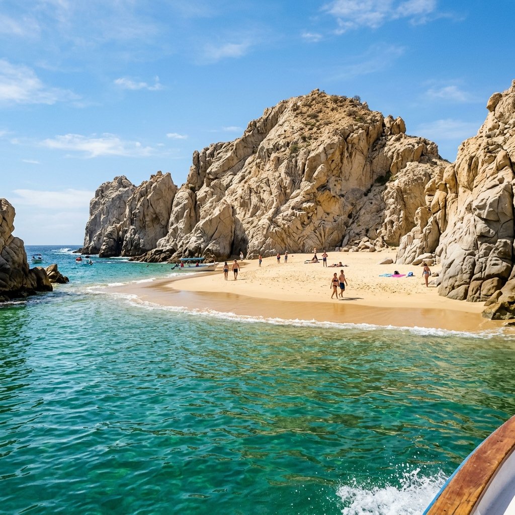 Lover's Beach (Playa del Amor) at Finisterra, Cabo San Lucas — golden sand and turquoise Sea of Cortez seen from the water