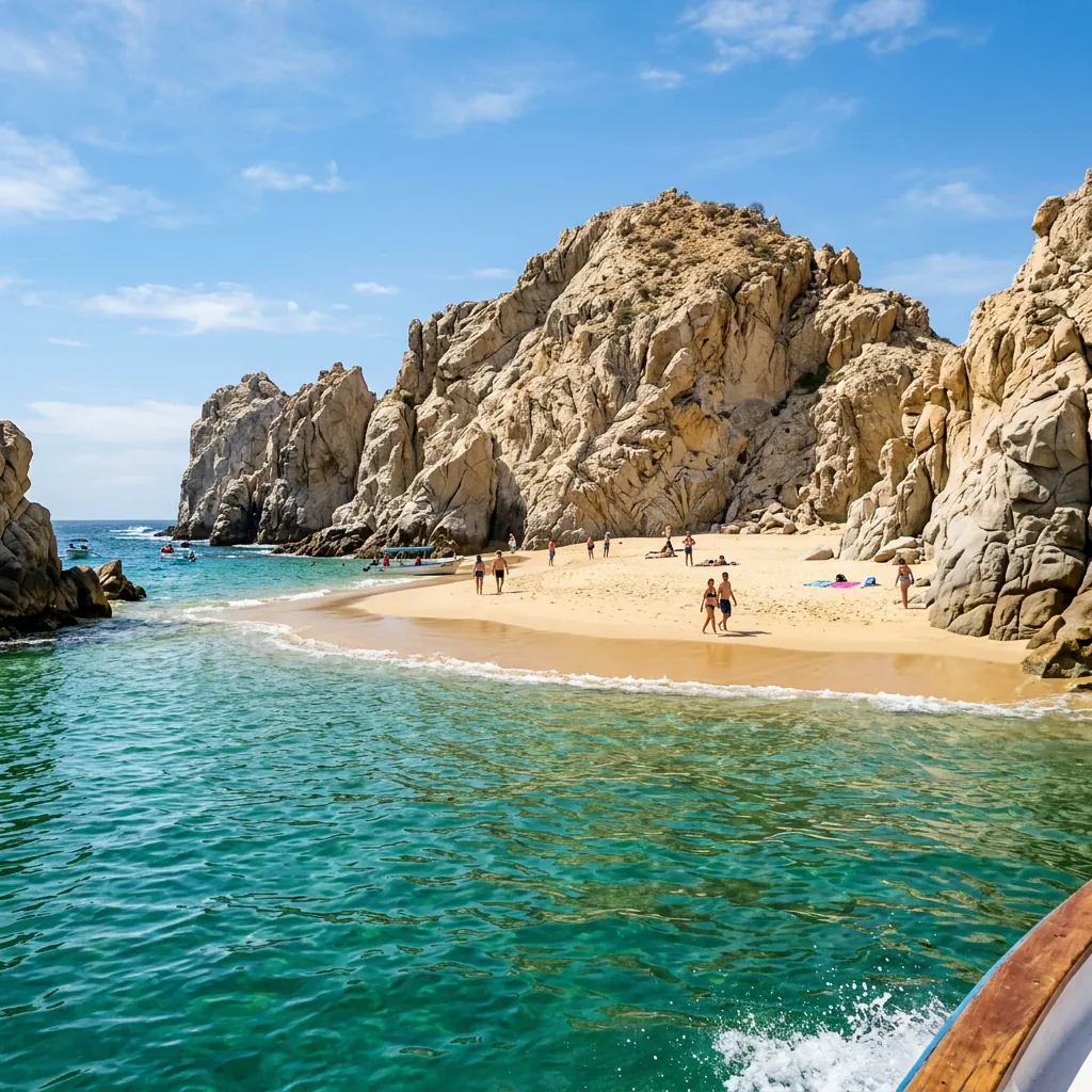 Playa del Amor en Finisterra, Cabo San Lucas — arena dorada y agua turquesa del Mar de Cortés vista desde el agua