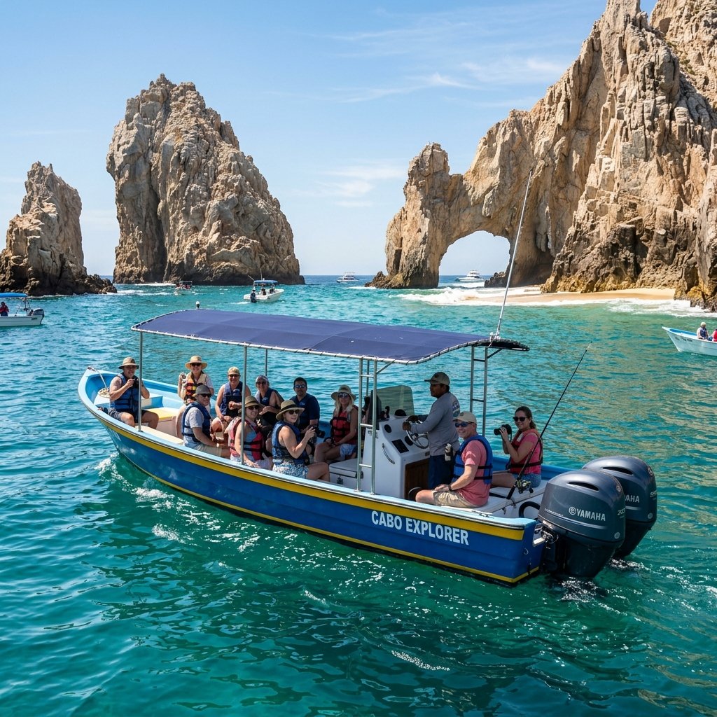 Large super panga boat approaching the Arch at Land's End, Cabo San Lucas